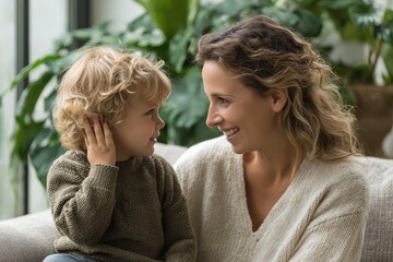 Smiling mother engages in joyful conversation with her child in a green, cozy living room filled with plants and natural light