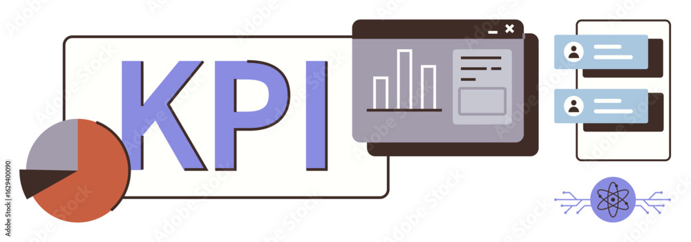 Poster pie chart, kpi text, dashboard with graphs and windows, chat boxes, atomic concept. ideal for busine