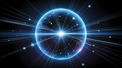Fototapeta premium Abstract glowing blue oval energy sphere with radiating light beams and digital data streams on a dark background 2025, 2026, dwonload,