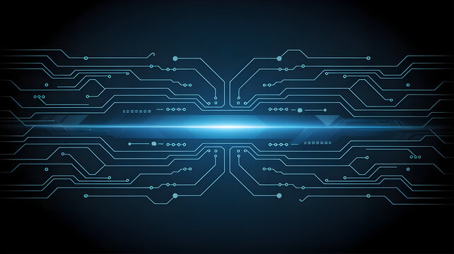 Symmetrical abstract digital circuit board pattern with a bright blue luminous light beam in the center on a dark background 2025, 2026, dwonload,