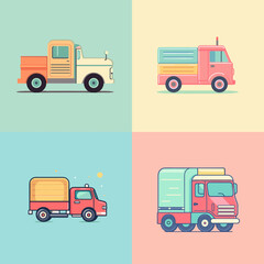 Colorful cartoon trucks on pastel backgrounds in a flat vector style, great for children's books, transportation icons, and educational illustrations.

