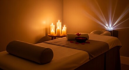 Serene spa sanctuary bathed in golden light beckons relaxation and rejuvenation