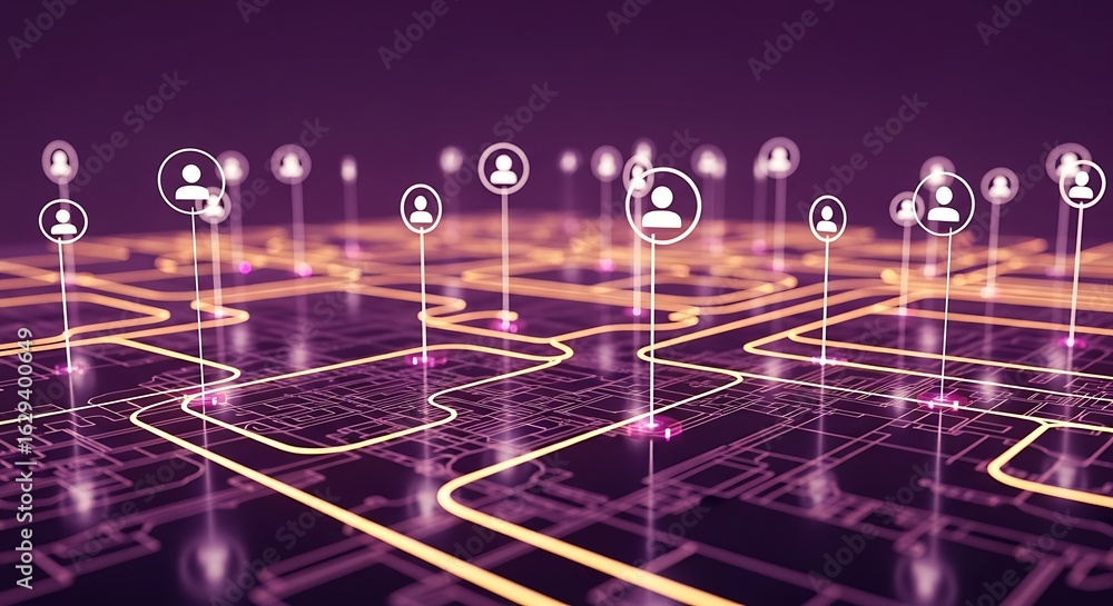 Poster abstract digital network connecting people icons in a futuristic glowing circuit board pattern, repr
