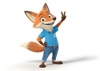 Friendly cartoon fox character wearing a blue shirt and jeans giving a peace sign