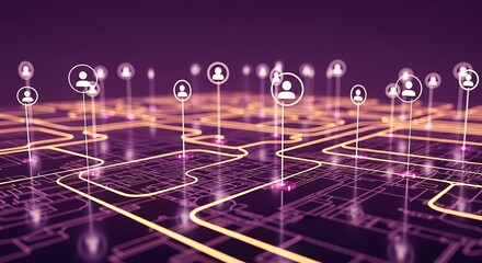 Abstract digital network connecting people icons in a futuristic glowing circuit board pattern, representing global communication and technology