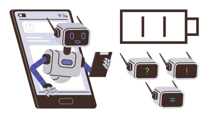 Cheerful robot emerging from smartphone holding clipboard, battery icon showing charge level. Expression squares with symbols. Ideal for tech, AI, innovation, support, automation, apps