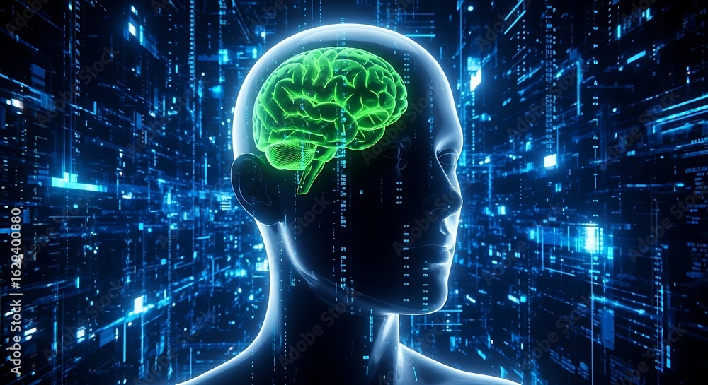 Poster abstract digital visualization of a human head profile with a glowing green brain inside, surrounded