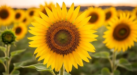 Obraz premium Vibrant sunflowers blooming in a field, illuminated by soft sunlight,creating a serene and