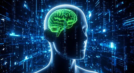Abstract digital visualization of a human head profile with a glowing green brain inside, surrounded by a futuristic blue data network representing artificial intelligence and advanced technology