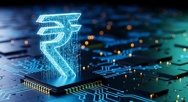 Digital indian rupee symbol glowing with blue neon light on a computer circuit board, representing financial technology and online transactions