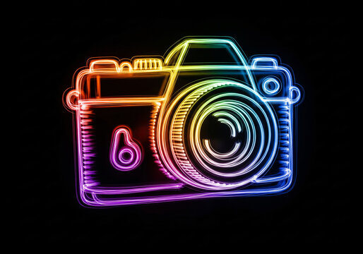 Multicolored Neon Light Outline of a Modern Digital Camera, A Creative and Energetic Photography Concept