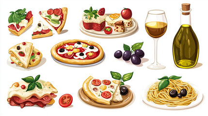 Set of food icons with various vegetables pizza and ingredients isolated on white background