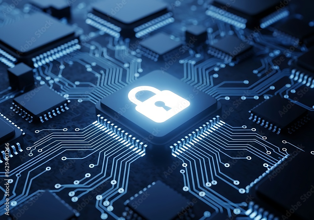 Poster glowing padlock symbol on a central processor of a computer circuit board, representing digital secu