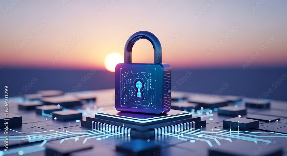 Poster digital security padlock on a computer chip with glowing circuits at sunset, symbolizing cyber prote