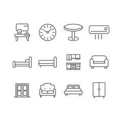 minimalist black and white line icons of household furniture and appliances for interior design and home decor projects on white background.eps