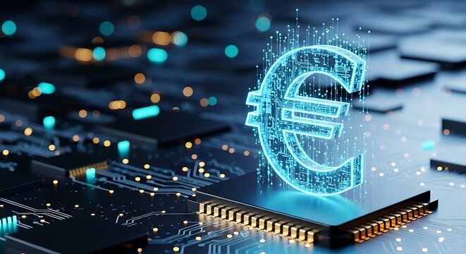 Glowing blue euro symbol on a futuristic circuit board, representing digital finance, technology, and global economic connections