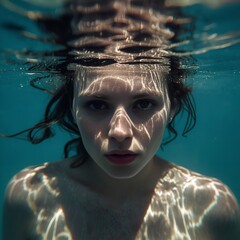Mystic Woman Beneath the Surface – Underwater Portrait with Dramatic Light Play