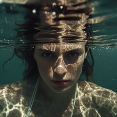 Mystic Woman Beneath the Surface – Underwater Portrait with Dramatic Light Play