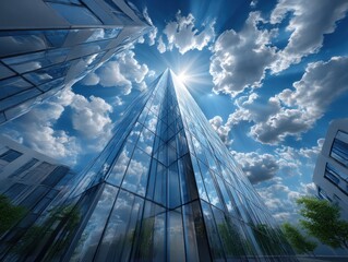 Modern skyscraper, city view, sunburst