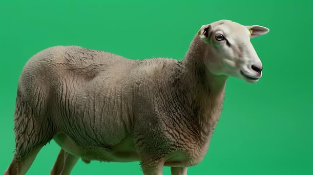 Adult Domestic Sheep Standing Isolated on Bright Green Screen Background, Ready for Compositing and Easy Background Removal for Agricultural or Edu...