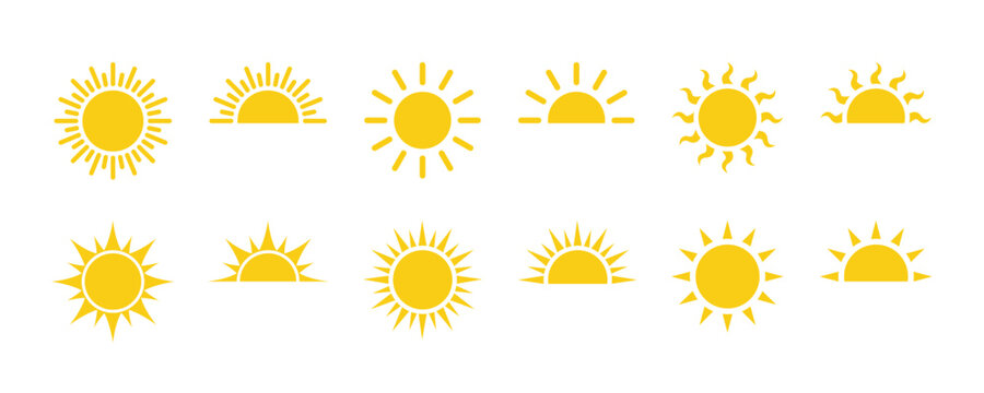Yellow sun icon set. Sunrise or sunset vector sign. Full and half sun and sunlight icon. Hot solar energy for tan. Sun flat cartoon icon