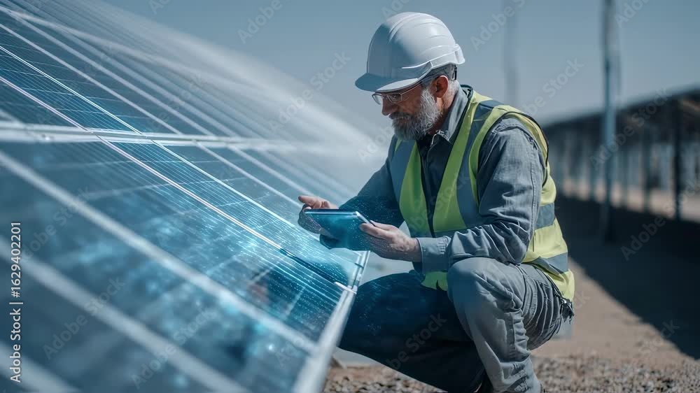 Poster electrical engineer wearing safety vest and helmet is analyzing data from solar panels using a digit