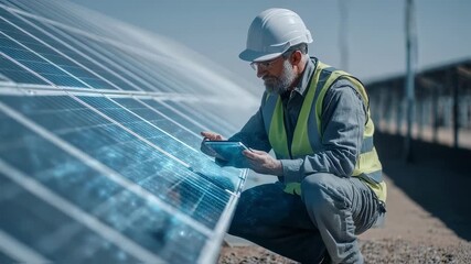 Electrical engineer wearing safety vest and helmet is analyzing data from solar panels using a digital tablet, optimizing energy efficiency and sustainability in a solar power plant - Powered by Adobe