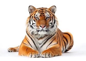 Obraz premium Majestic bengal tiger lying down on white background facing camera