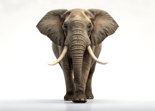 Majestic african elephant with large tusks walks forward on white background