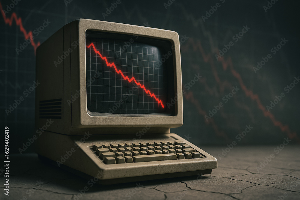 Poster declining market: the image depicts an outdated computer monitor, displaying a stark red line graph 