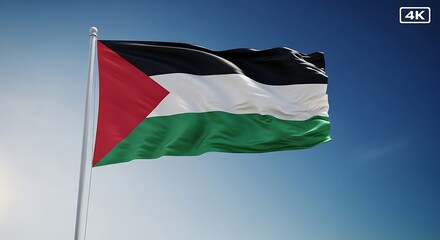 Waving Flag of Palestine Against Blue Sky Depicting Patriotism and National Identity