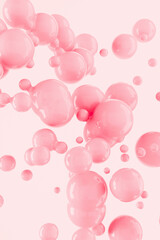 Glossy pink bubbles floating on a soft pastel background. Ideal for skincare, beauty, or cosmetic product concepts symbolizing softness, care, and freshness.