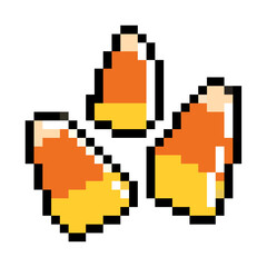 Pixel candy corn vector for sweet treats, Halloween, and autumn holidays in a retro pixelated style. Perfect for confectionery, festive fun, and nostalgic themes.