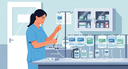 A healthcare professional preparing intravenous fluids in a medical setting, focused on patient care.