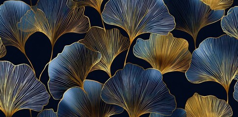 Dark navy blue and gold Ginkgo leaves pattern