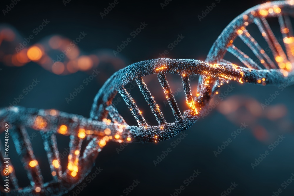 Poster digital representation of a dna double helix showcasing intricate structures and glowing elements in