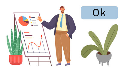 Man presenting colorful charts on board with hand gesture, surrounded by potted plants. Ideal for business, teamwork, strategy, motivation, leadership, presentation growth. Simple flat metaphor
