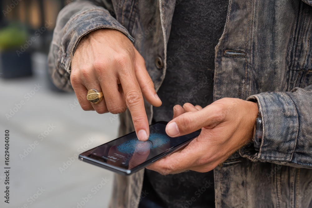 Poster man using fingerprint scan sensor to unlock smartphone while standing on a city sidewalk in the afte