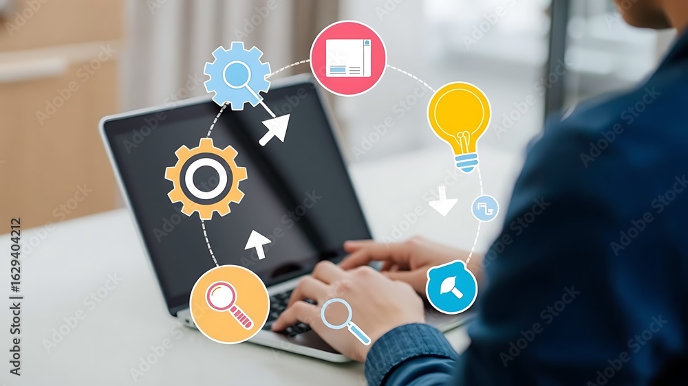 Poster business person using laptop with digital strategy icons representing workflow process