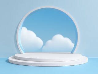 White Circular Product Display Platform with Blue Sky and Clouds Background