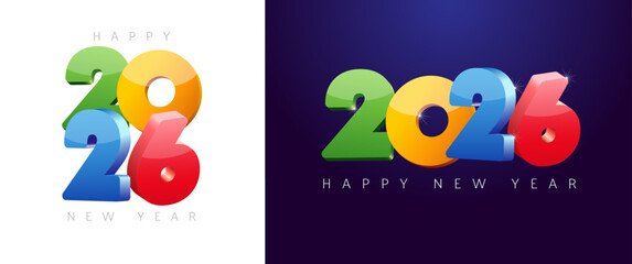 New Year 2026 celebrating web icons. Set of holiday banners. Decorative colorful design. Postcard elements. Square and horizontal graphic concept. Cute 3D number 20 26.