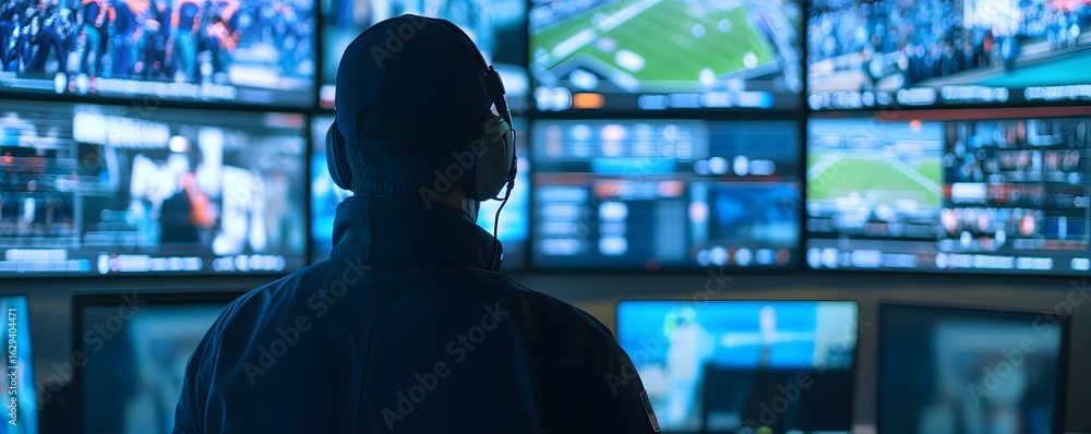 Poster a focused technician monitors multiple screens in a control room, ensuring smooth operations during 