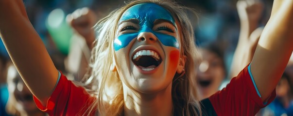 A jubilant sports fan celebrating with painted face, exuding joy and excitement in a vibrant crowd. The atmosphere is electric as emotions run high during the thrilling event.