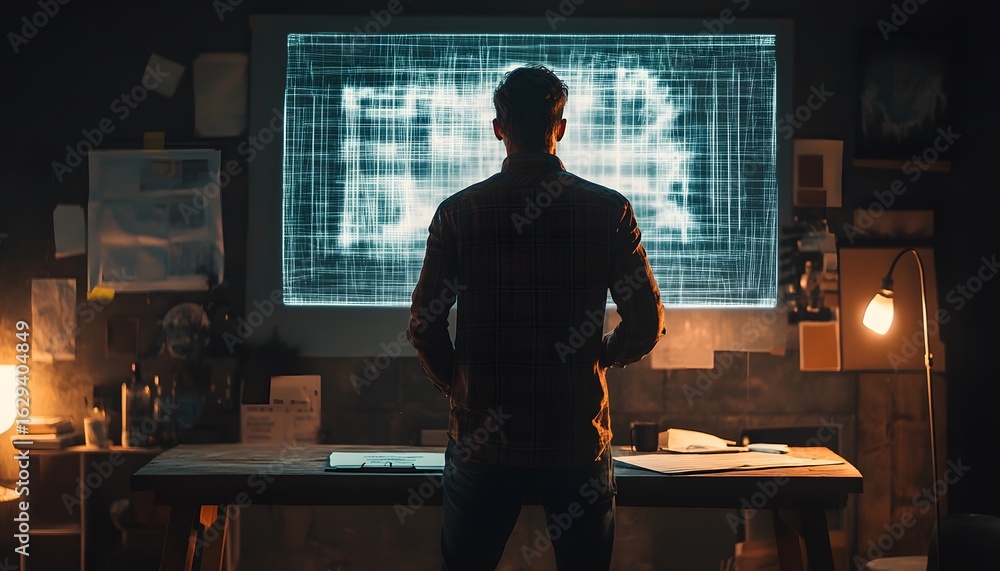 Poster a person analyzing digital blueprints in a dark workspace, illuminated by a computer screen