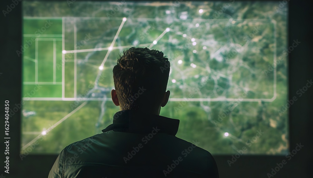 Poster a person observing a large digital screen displaying intricate data visuals. the scene highlights th