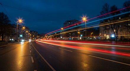 Dynamic cityscape at night featuring long exposure light trails from traffic on a wet urban street.