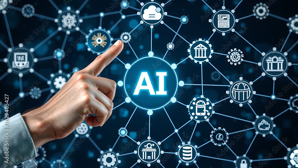 Poster human finger pointing at the artificial intelligence symbol within a connected network