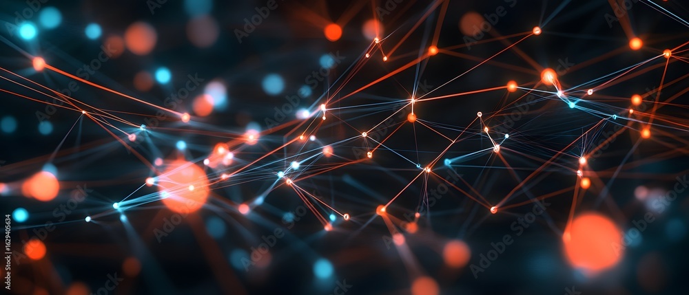Poster a vibrant digital network illustration depicting interconnected nodes and lines, representing data f