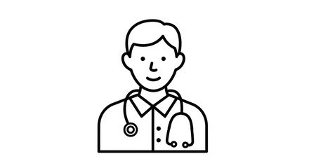 Simple black line drawing of a smiling doctor wearing a stethoscope.