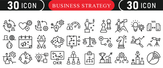 Collection of 30 business strategy icons for presentations and design